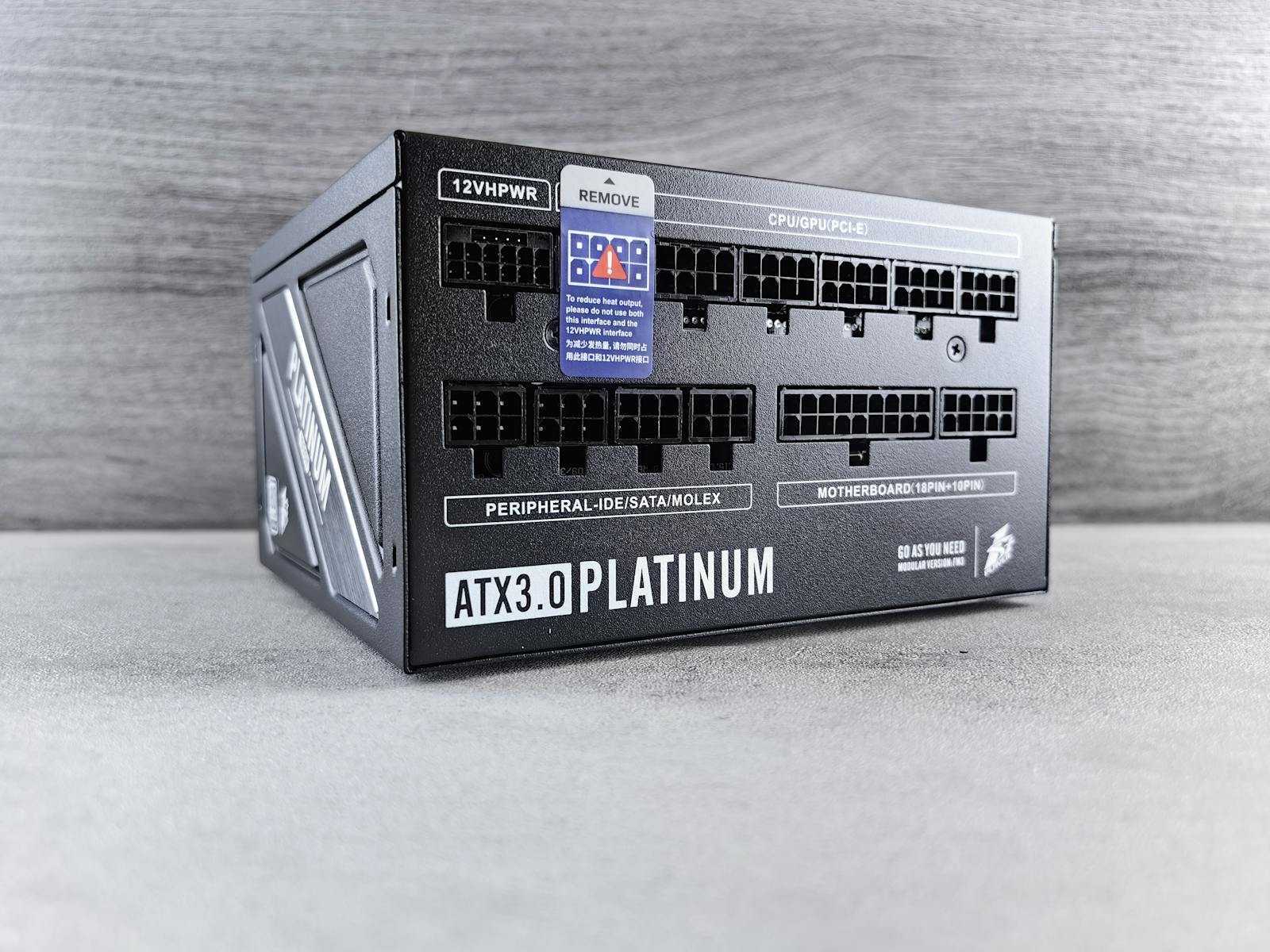 High-quality ATX3.0 platinum power supply unit with visible modular connections for electronics setup.